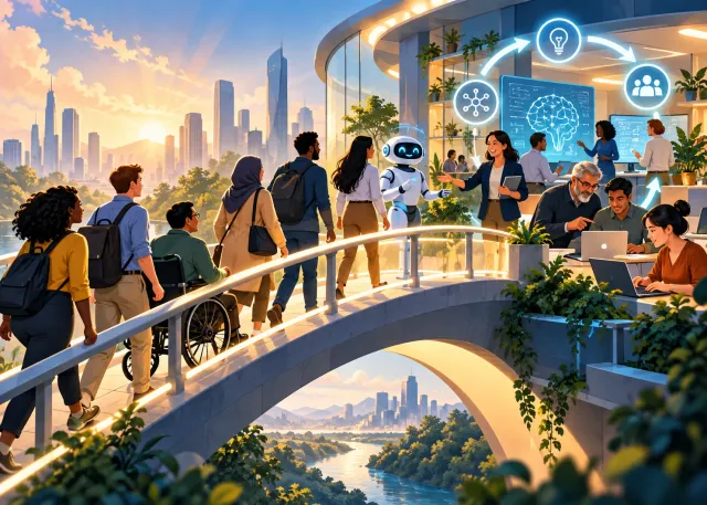 A diverse workforce crossing a supported bridge into an AI-enabled workplace with mentors and learning