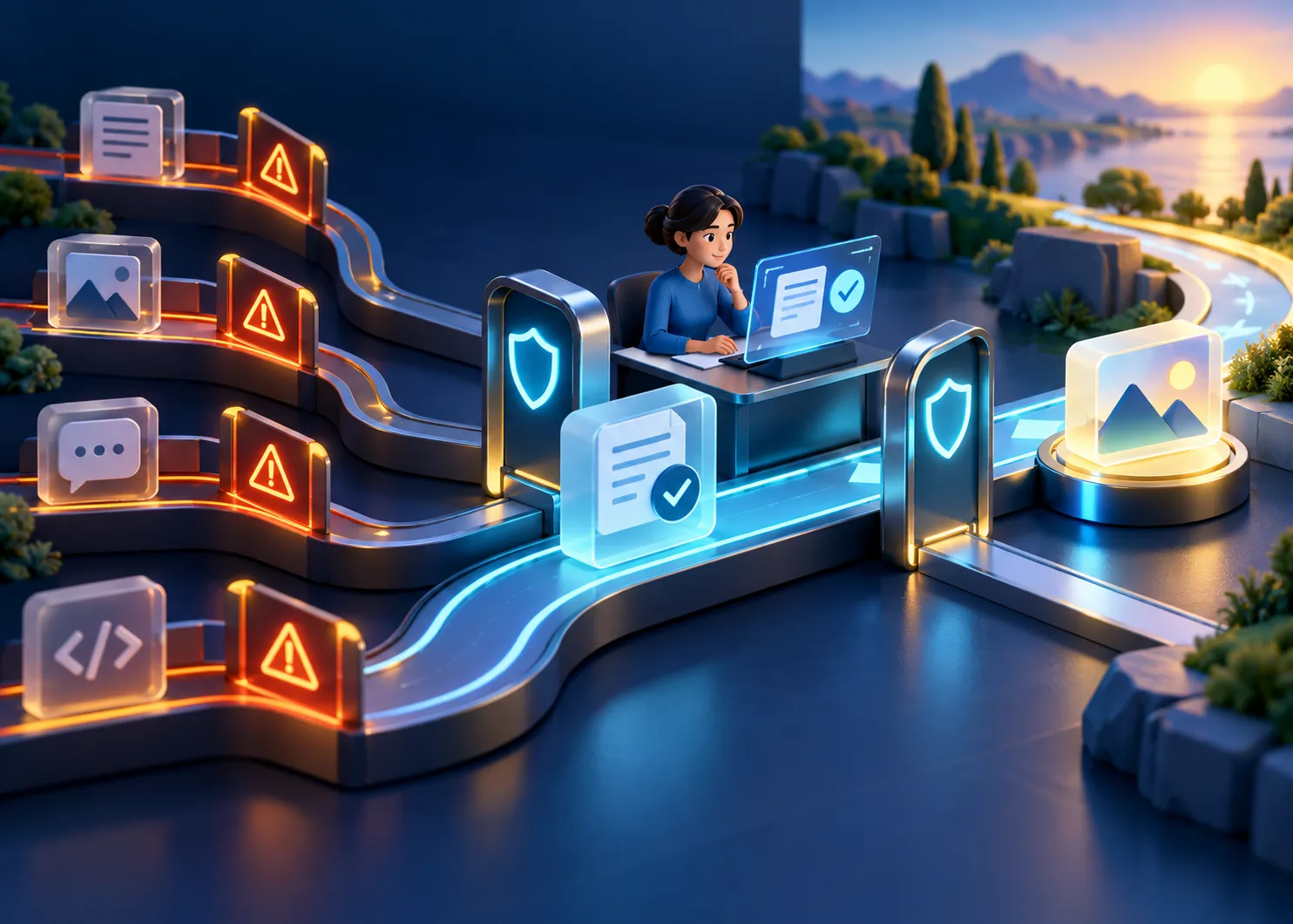 A carefully selected workflow passing through safety gates and a human review station