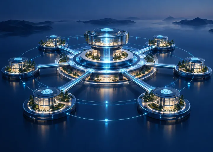 A balanced network of central and distributed organizational hubs connected as one operating model