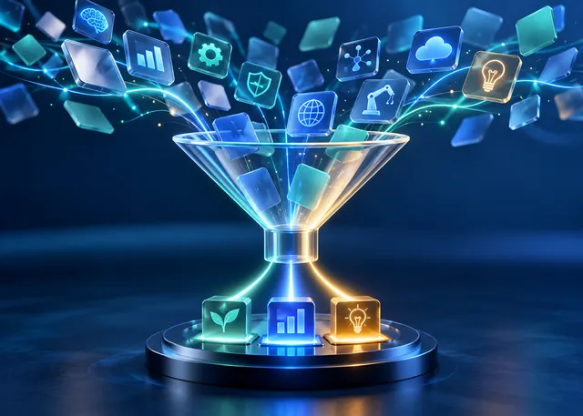 A transparent funnel selecting three valuable AI investments from a broad portfolio of possibilities