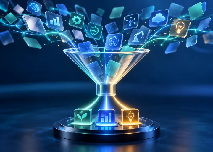 A transparent funnel selecting three valuable AI investments from a broad portfolio of possibilities