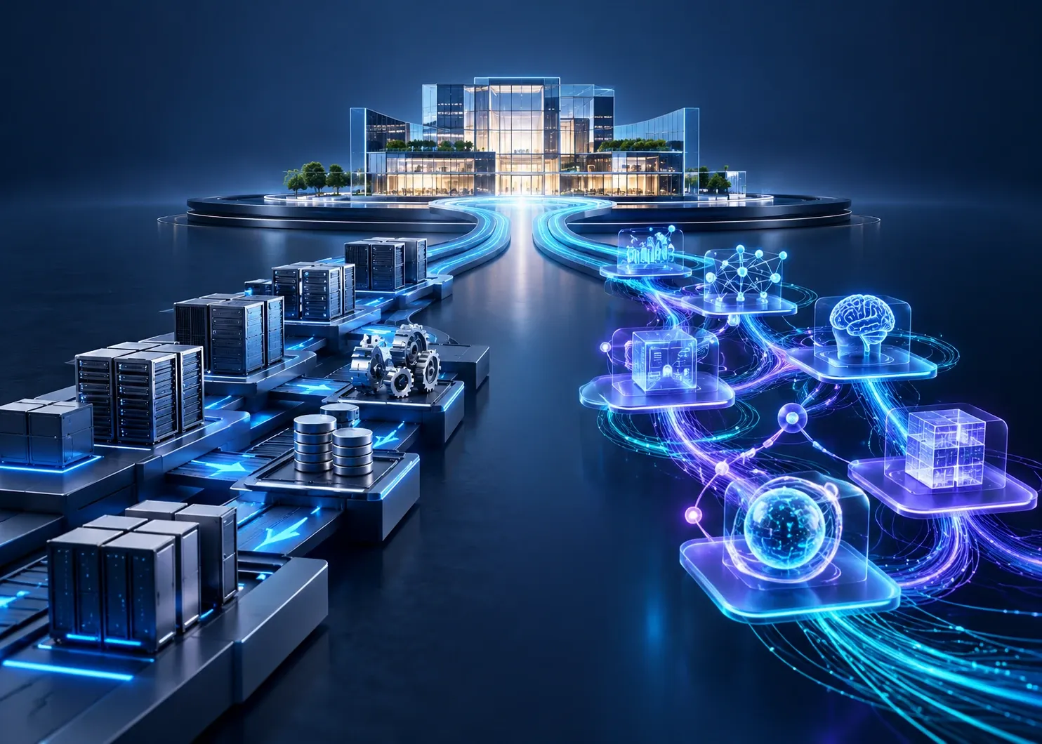 Two transformation paths comparing modern digital foundations with AI-enabled business change
