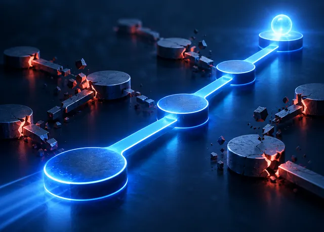 A reliable illuminated transformation path continuing past several broken and stalled routes