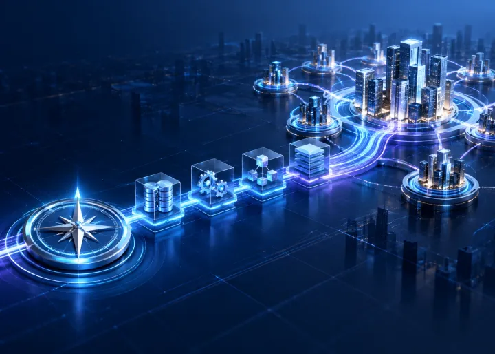 Connected stages showing an AI transformation moving from business strategy to enterprise scale