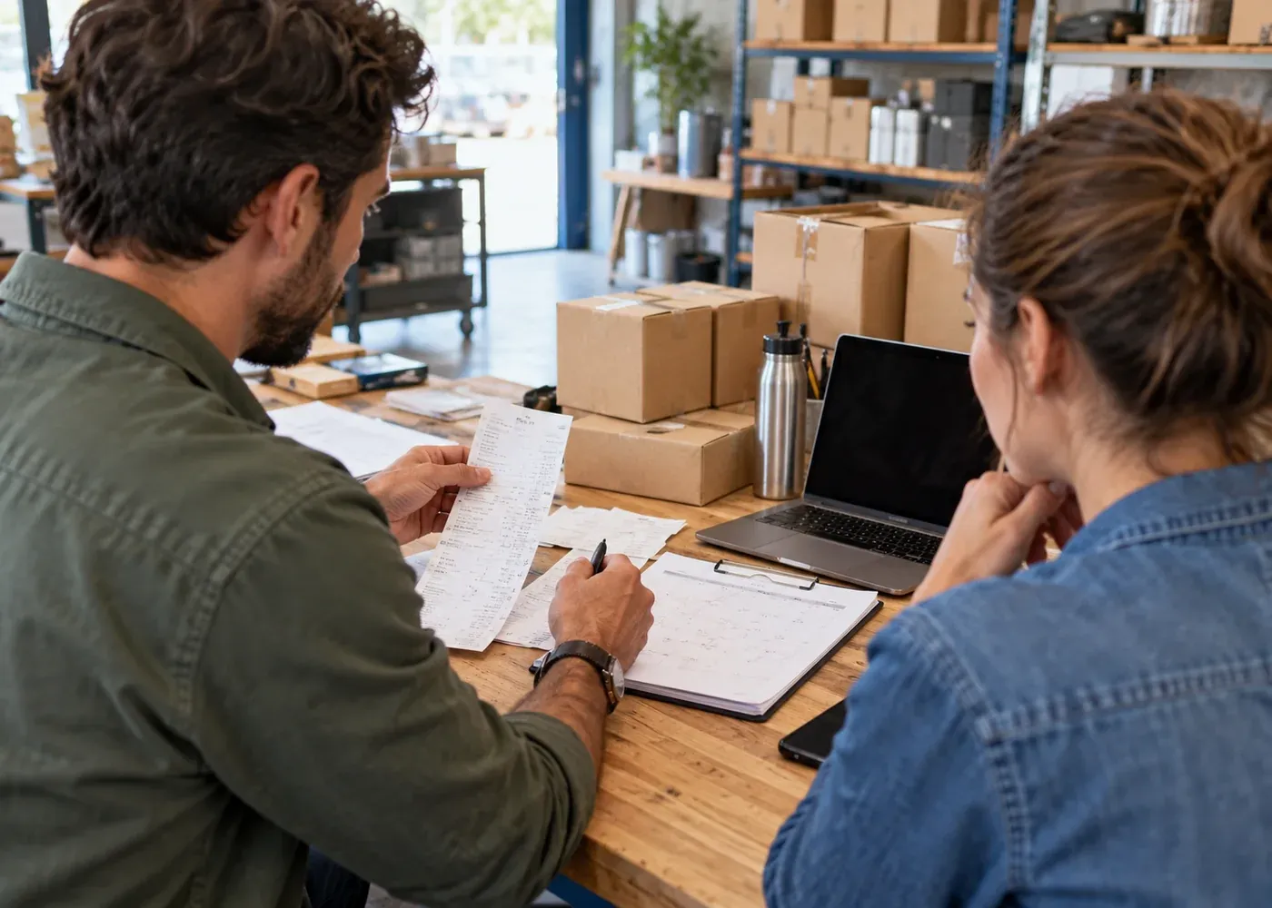 An owner and manager compare actual sales receipts, stock boxes, and a calendar before deciding the next month priorities.