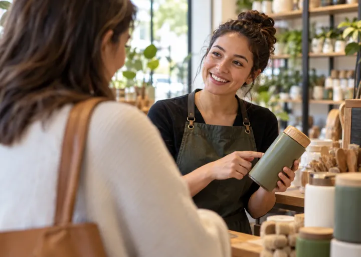 A shop owner recognizes a returning customer and helps them choose a relevant product, showing a relationship that continues over time.