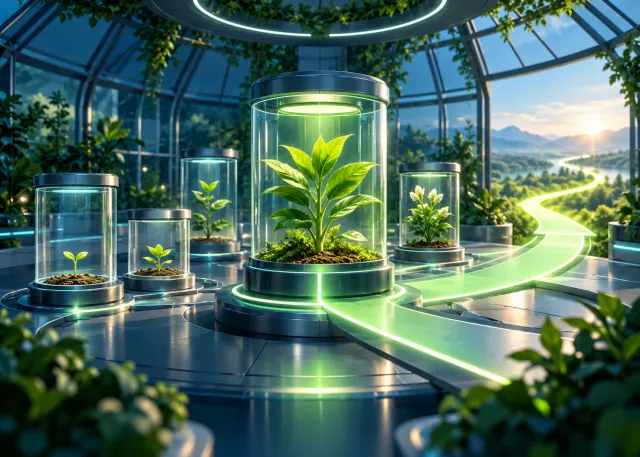 Controlled growth experiment pods at different stages with one proven path expanding into the distance