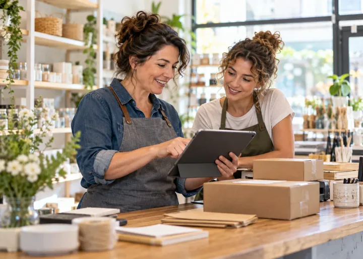Small business owner and colleague checking orders on a tablet at their shop counter.