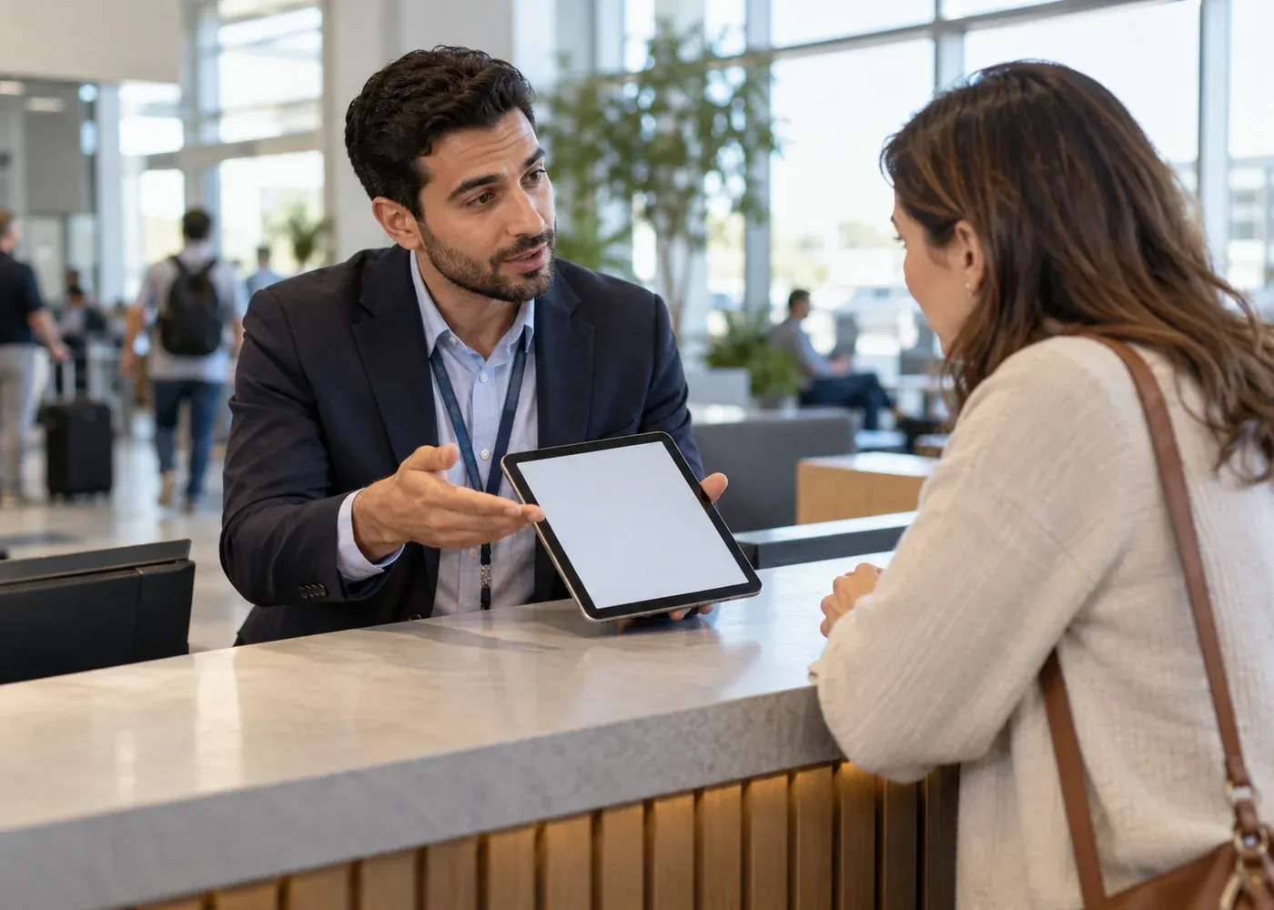 A manager gives a clear, honest update to a customer at a service counter while referring to a blank tablet.