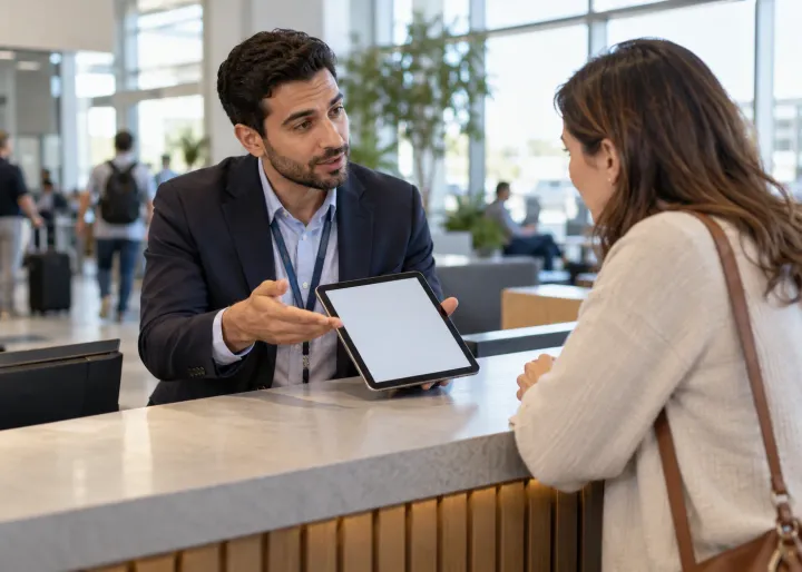 A manager gives a clear, honest update to a customer at a service counter while referring to a blank tablet.