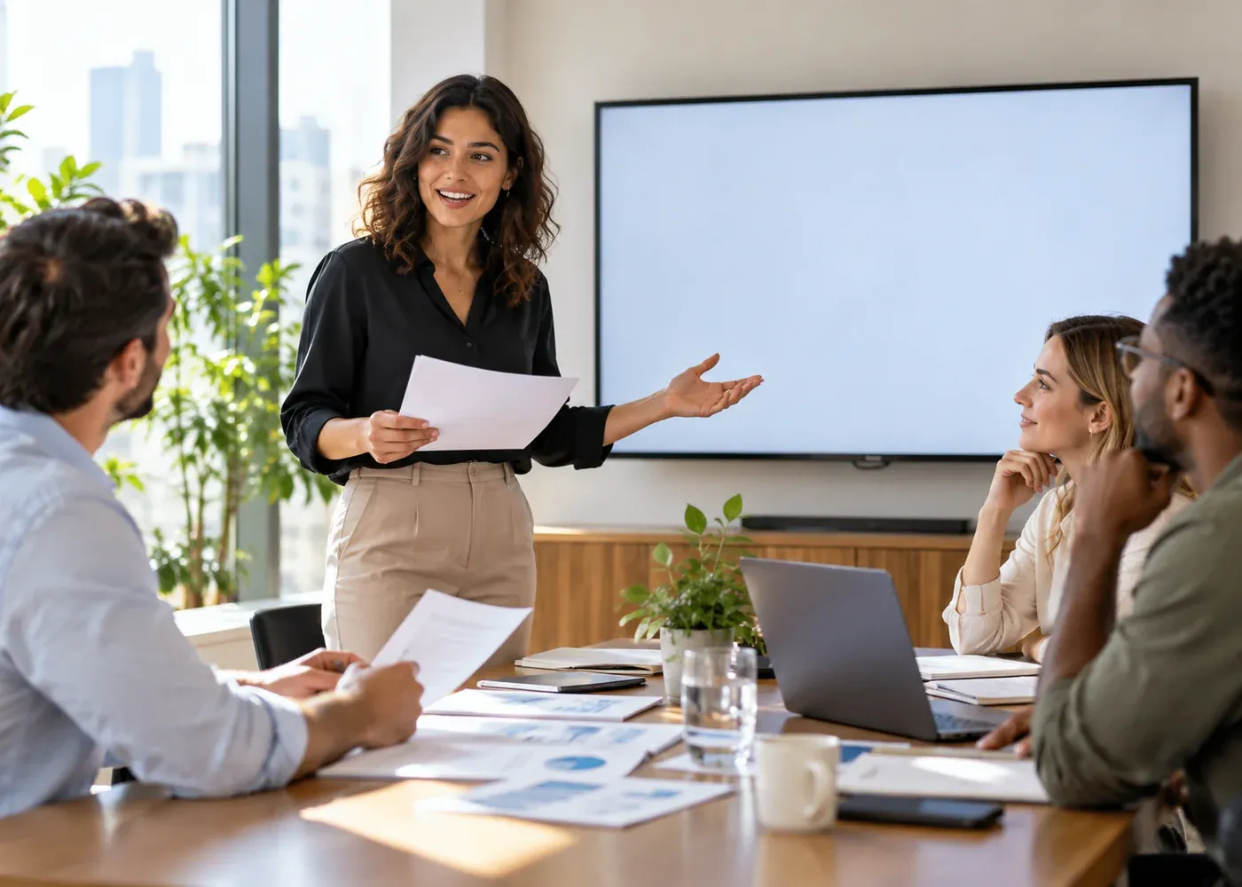 A professional organizes the relevant papers or presents clear information to colleagues, with an unobtrusive blank digital display.