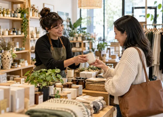 A shop owner recognizes a returning customer and helps them choose a relevant product, showing a relationship that continues over time.