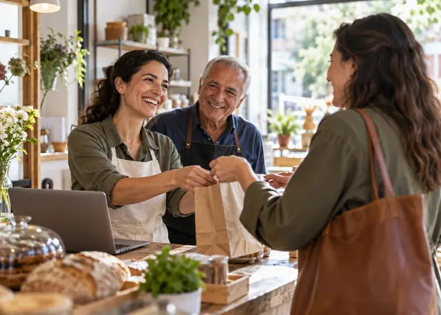 Family business owners greeting a returning customer at their counter.