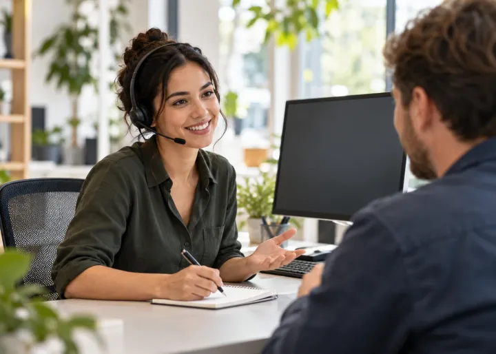 A service employee listens to a customer and works through a specific request, with a blank support screen nearby and a clear human handover.