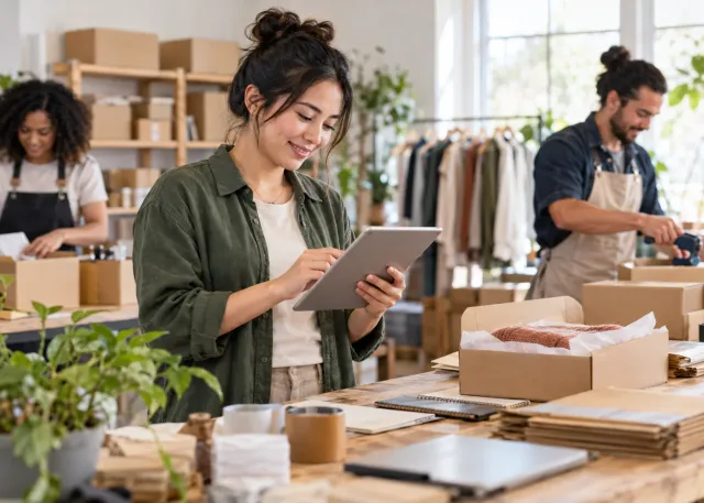 Online retailer packing orders while checking customer requests on a tablet.