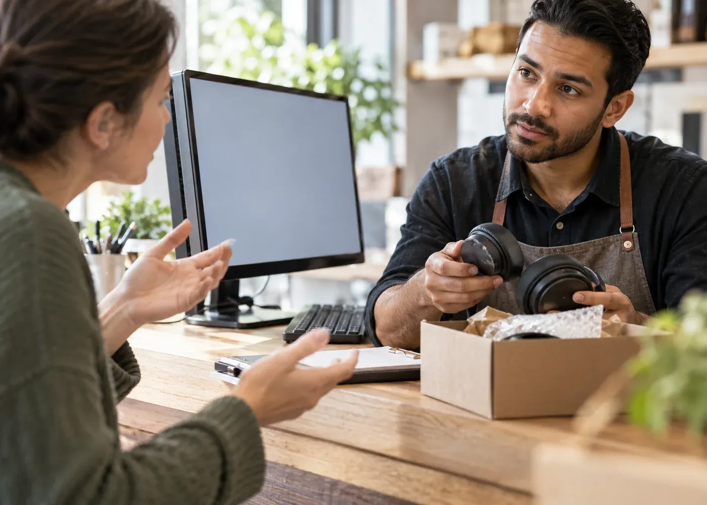 A service employee listens to a customer and works through a specific request, with a blank support screen nearby and a clear human handover.