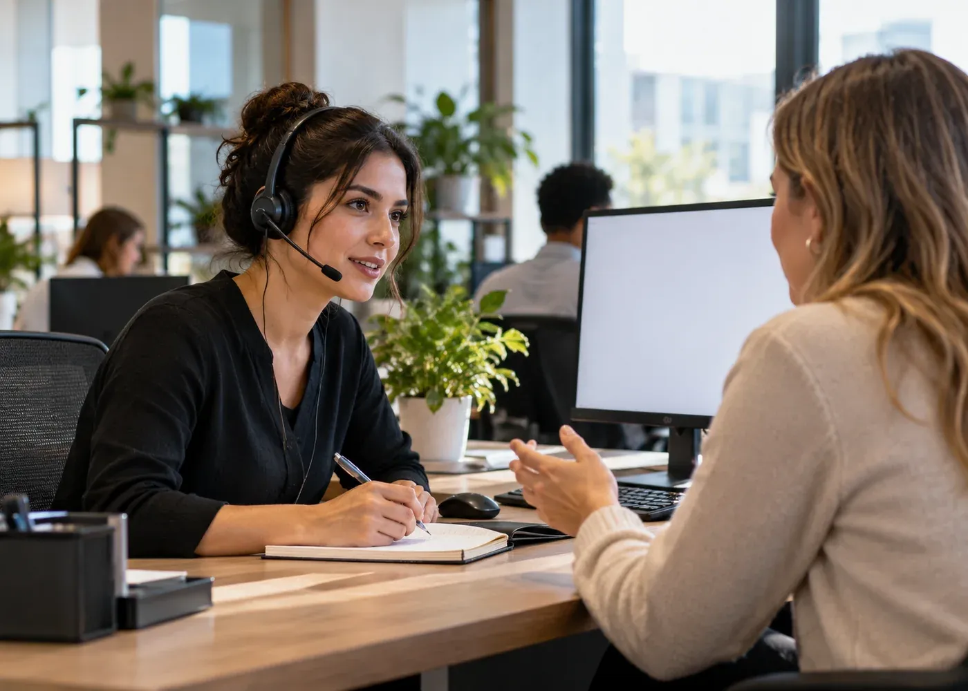 A service employee listens to a customer and works through a specific request, with a blank support screen nearby and a clear human handover.