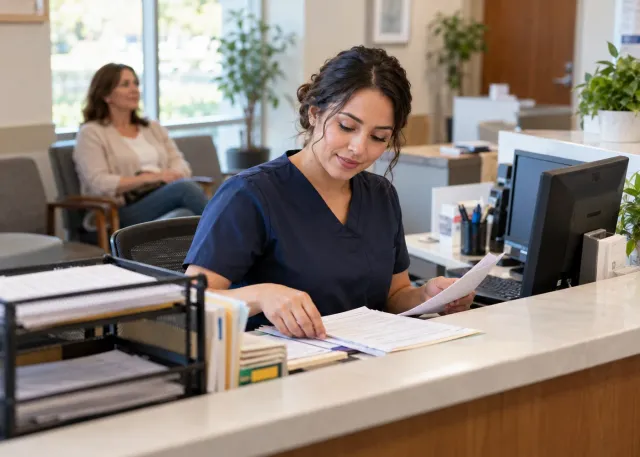 Healthcare office worker organizing routine forms at a reception desk.