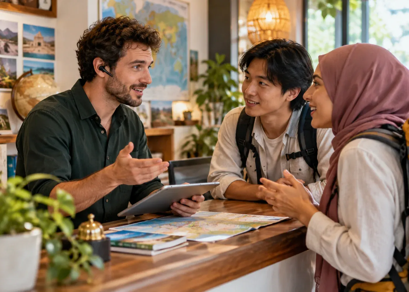 At a travel service desk, a staff member uses a translation earpiece to help two visitors who speak different languages, maintaining warm eye contact; the people and conversation are central, without visible writing.