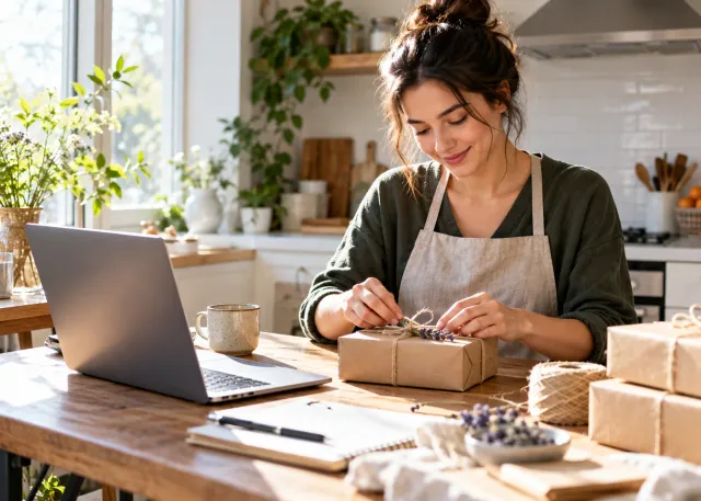 Home-based entrepreneur packaging a handmade product beside a laptop.