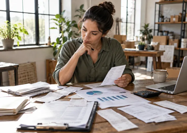 A shop owner compares the price tag of a physical product with material and delivery costs on paper, deciding how to protect the margin.