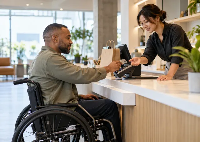 A wheelchair user completes a purchase at an accessible counter while an employee offers help without taking over.