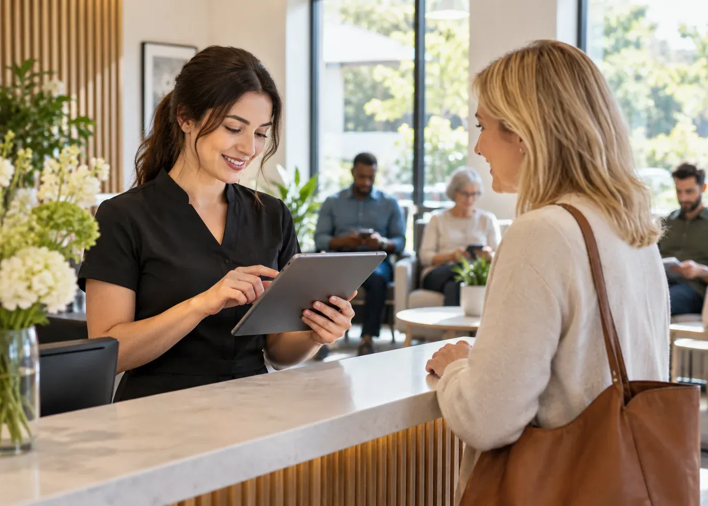 A receptionist coordinates real customer appointments and a waiting area using a blank tablet, keeping guests informed.