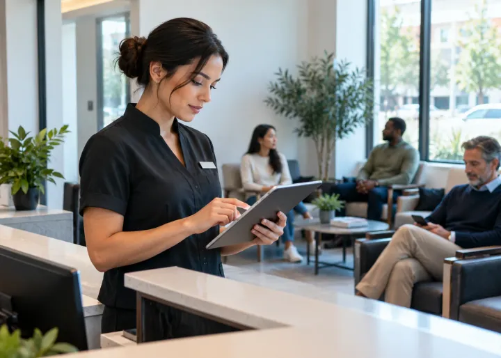 A receptionist coordinates real customer appointments and a waiting area using a blank tablet, keeping guests informed.