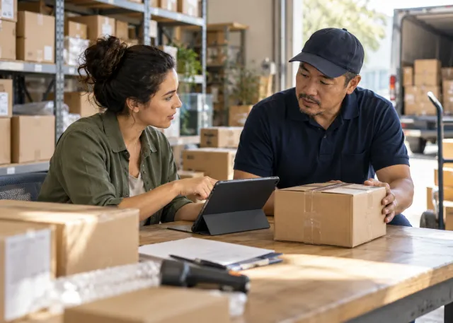 A small business owner and a supplier discuss a delivery at a storeroom table, with packages and a blank tablet for updates.