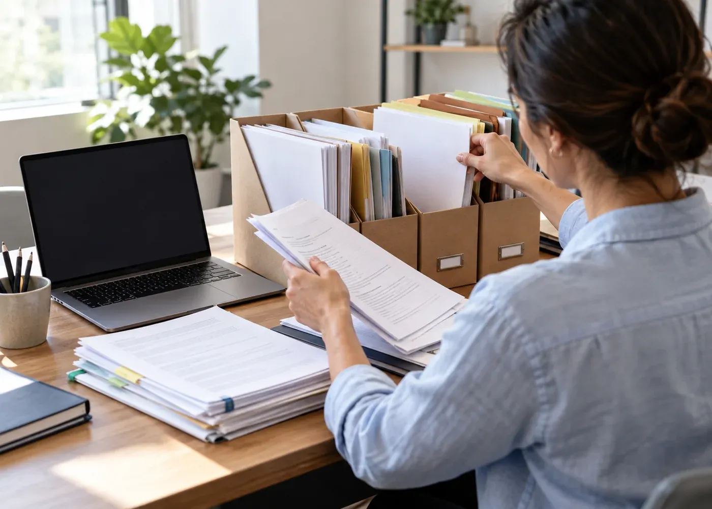 A professional organizes the relevant papers or presents clear information to colleagues, with an unobtrusive blank digital display.