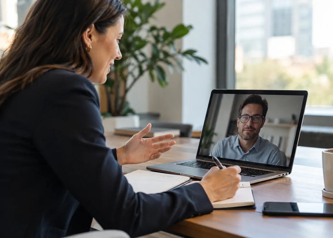 Professional adviser discussing a project update with a client by video.