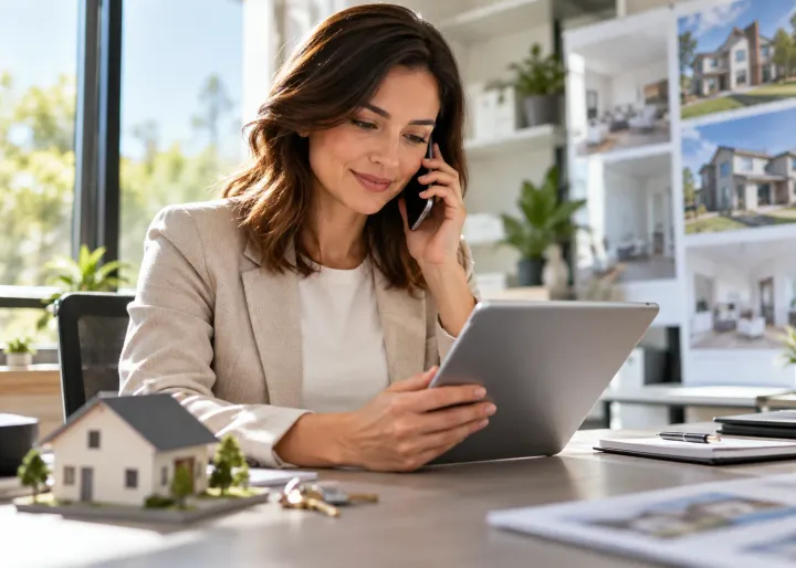 Real estate agent reviewing property enquiries with a model house on the desk.