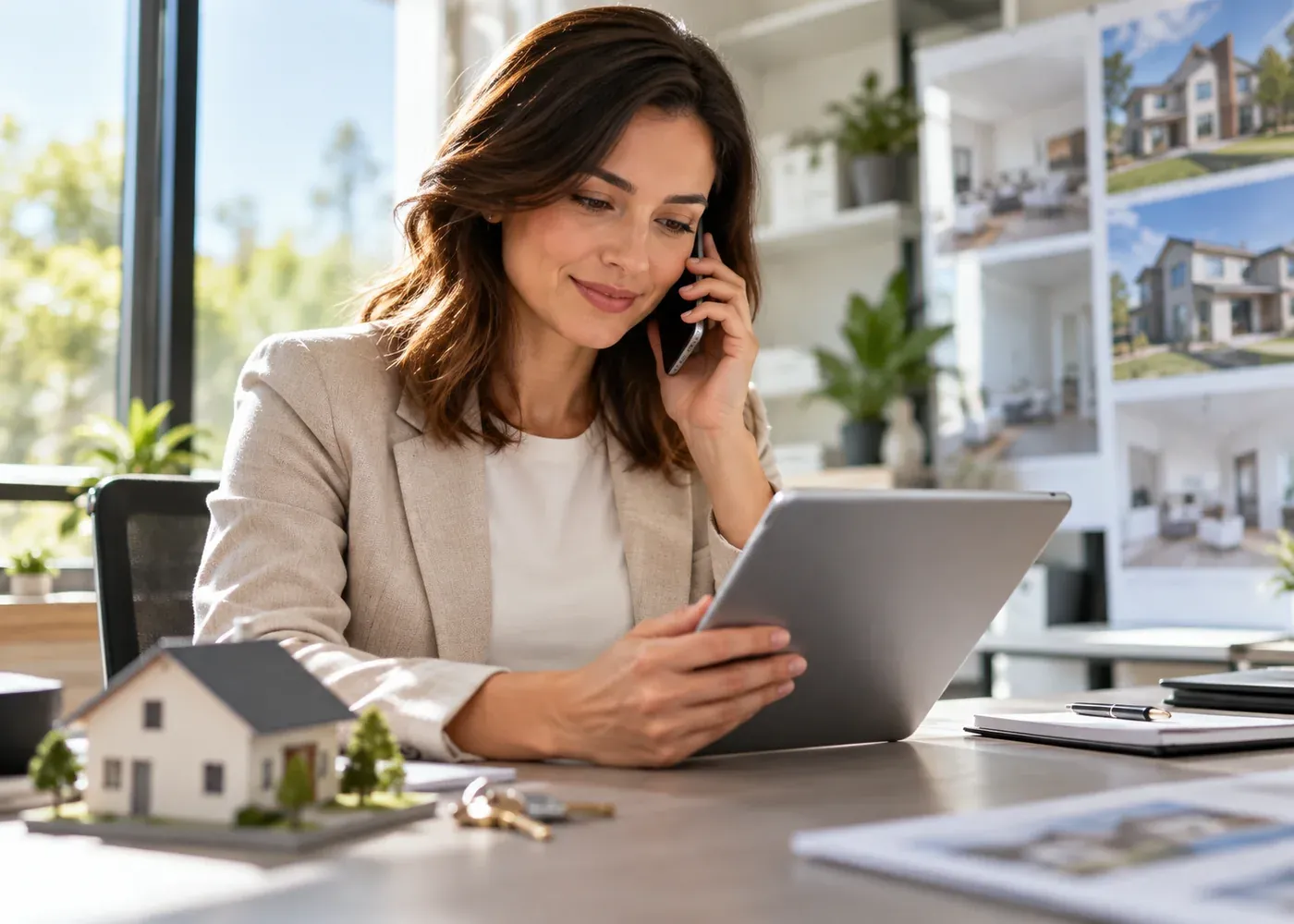 Real estate agent reviewing property enquiries with a model house on the desk.
