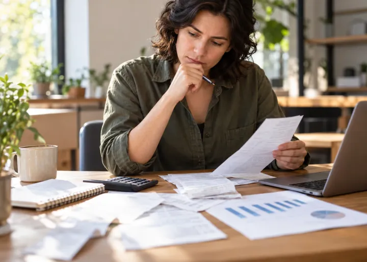 A manager reviews utility bills and recurring service invoices beside the equipment that creates those costs, while protecting the customer service area.