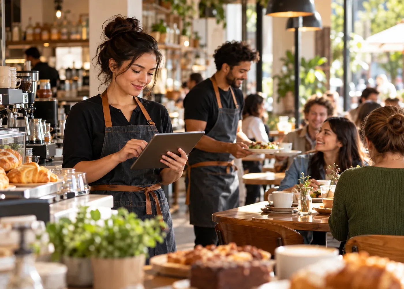 Cafe employee coordinating orders on a tablet during a busy service.