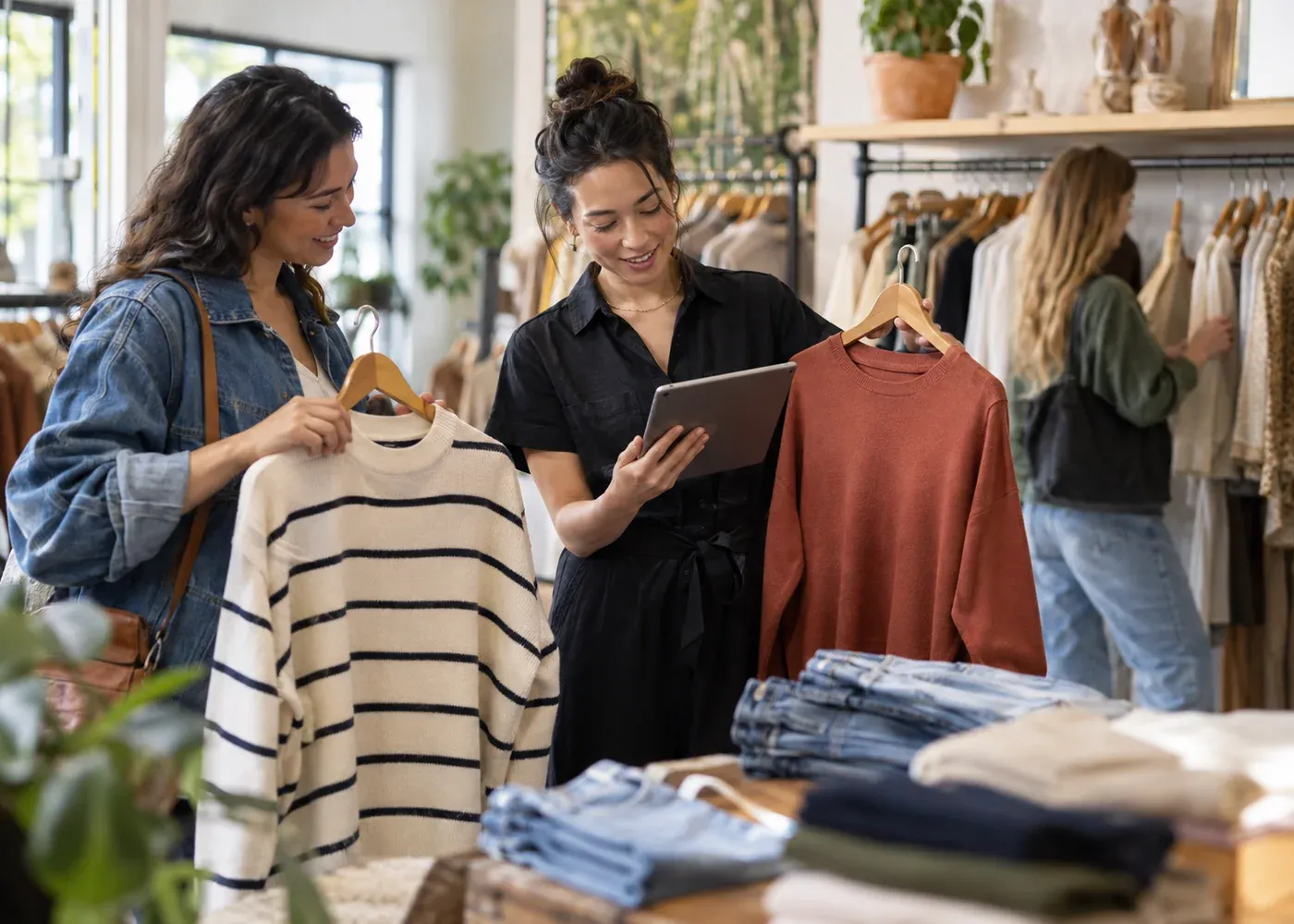 Retail employee helping a customer compare clothing in a shop.