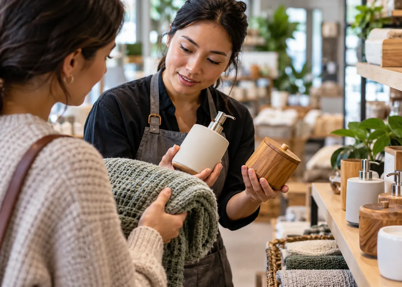 A store assistant offers a customer two carefully chosen products based on what the customer is already holding, with other options nearby.