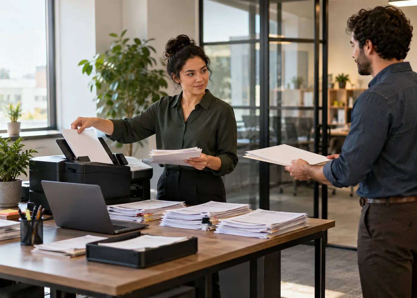 An office assistant sorts a pile of incoming paper forms into a clean single digital workflow while a colleague receives the completed file.