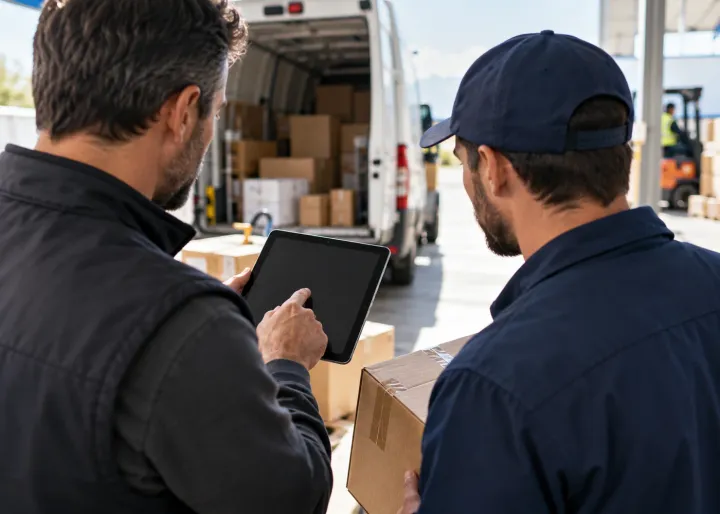 A delivery dispatcher checks a parcel and its route with a driver at a warehouse loading area before updating the customer.