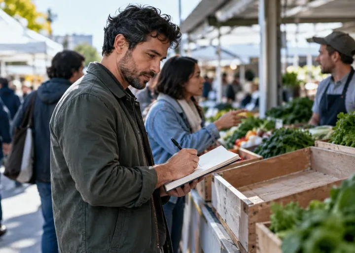 At a local market, a business owner notices customers asking for an unavailable product and sketches a new offer beside an empty display space.