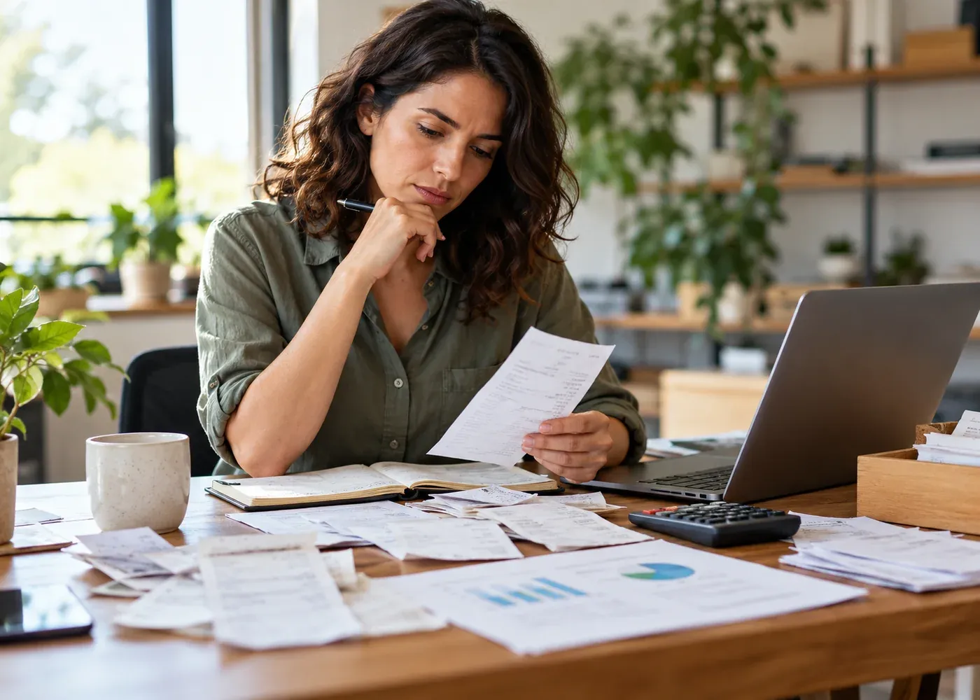 An employee checks receipts and purchase records from several spending categories before the costs add up.