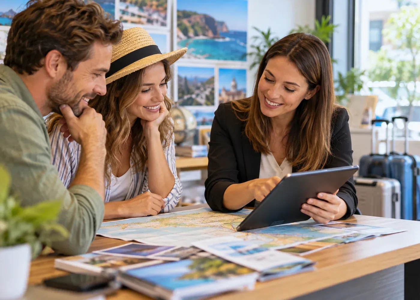 Travel adviser and guests reviewing a holiday itinerary together.