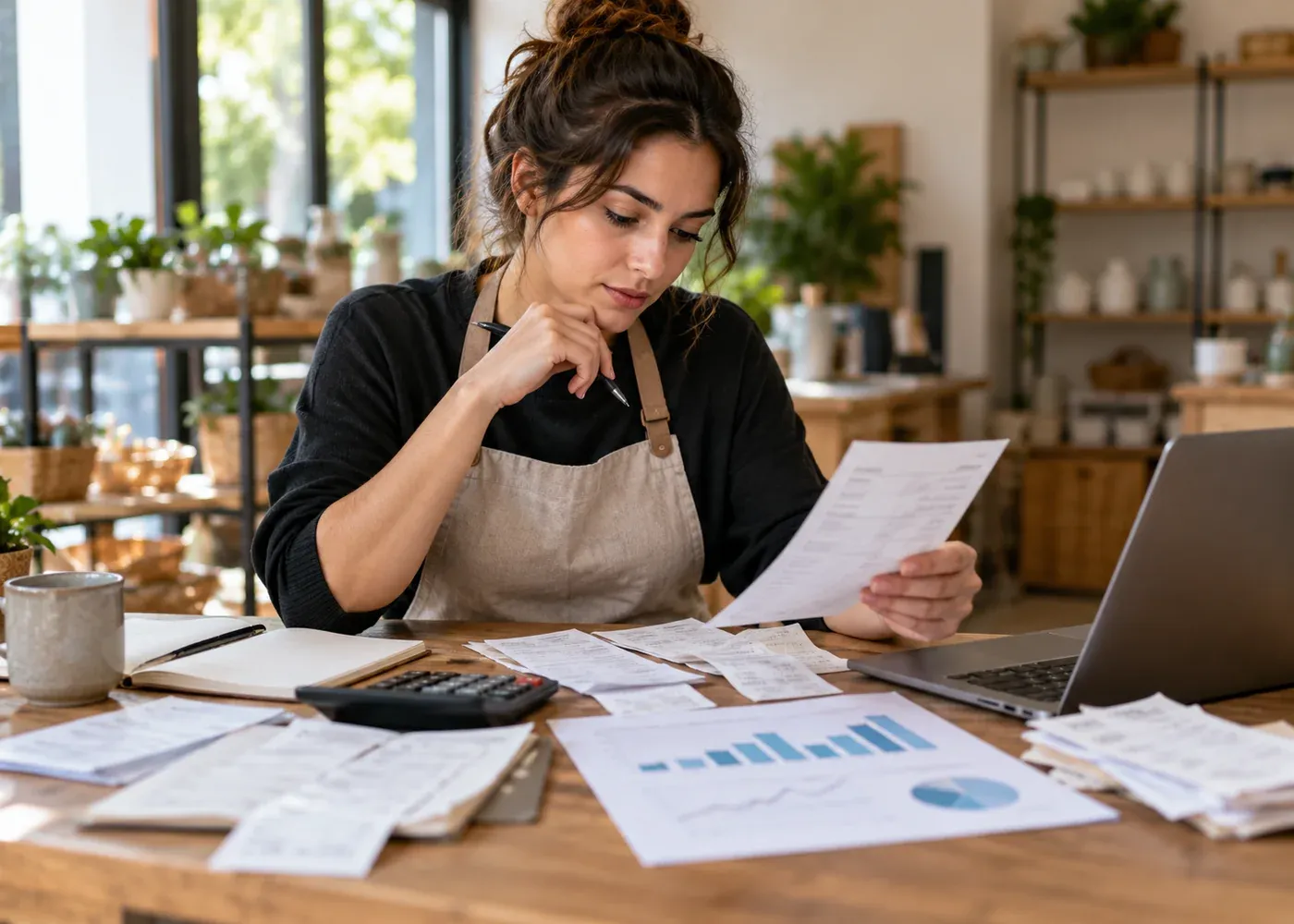 A retailer compares physical sales receipts from busy and quiet weeks beside a simple unlabelled trend chart.
