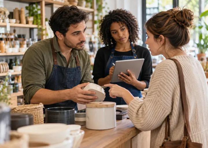 A shop owner listens to a customer describe a problem with a real product at the counter while a colleague records recurring questions on a blank tablet.