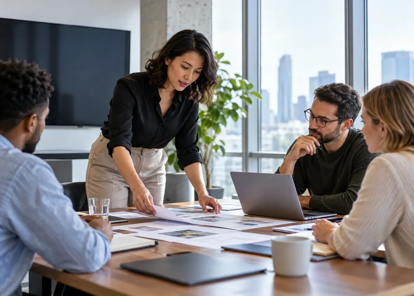 A professional organizes the relevant papers or presents clear information to colleagues, with an unobtrusive blank digital display.