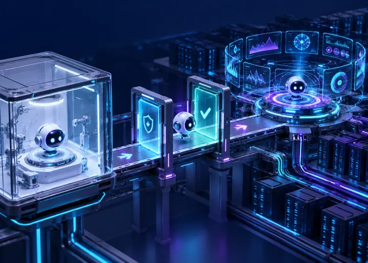 An AI system moving from a test chamber through safety gates into monitored production infrastructure