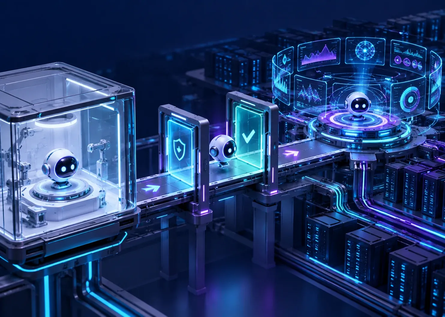 An AI system moving from a test chamber through safety gates into monitored production infrastructure