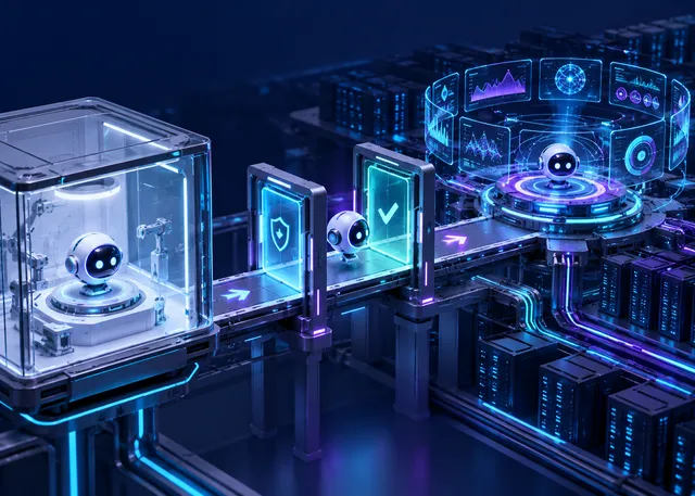 An AI system moving from a test chamber through safety gates into monitored production infrastructure