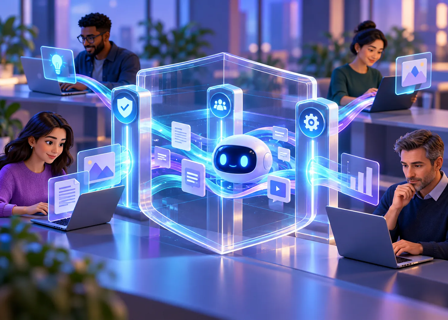 Everyday workplace AI activity flowing through transparent policy and safety checkpoints