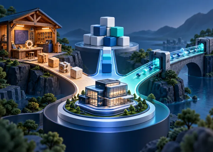 Custom workshop, modular product, and integration bridge converging on one business platform